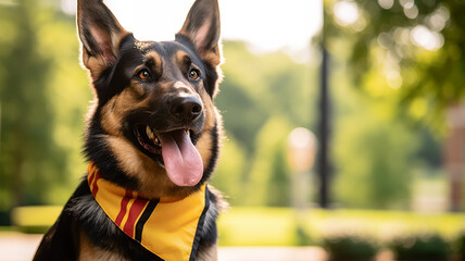 Happy German Shepherd dog wearing german flag collar.   - obrazy, fototapety, plakaty
