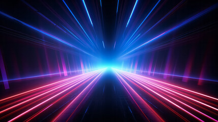 Fototapeta na wymiar Motion speed neon light tunnel or corridor. Futuristic laser cyberspace perspective background.