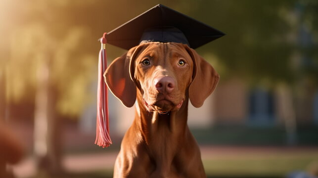 Hungarian vizsla dog wearing university graduation cap. Education in Hangary or language learning concept.