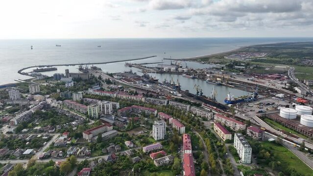 Aerial view of Georgian port city of Poti located at entrance of Rioni river into Black Sea on sunny autumn day, Samegrelo-Zemo Svaneti region.