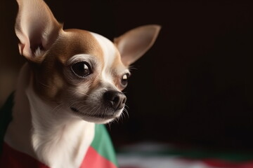 Serious chihuahua dog with a mexican flag on black background. Copy space.
