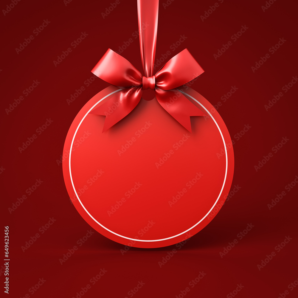 Poster Blank red round sign hanging with red ribbon and bow isolated on dark red background minimal christmas decorations conceptual 3D rendering