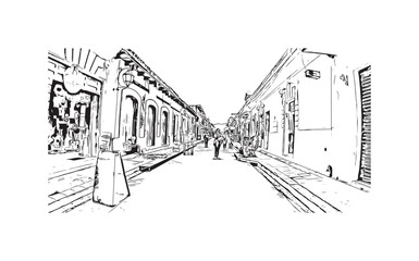 Building view with landmark of  San Cristobal de las Casas is the town in Mexico. Hand drawn sketch illustration in vector.