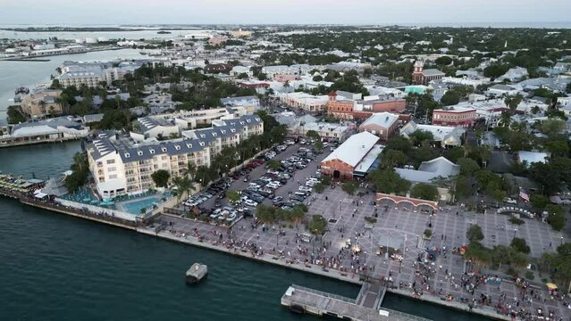 Mallory Square and Duval street in key west aerial view of people gathering for sunset