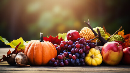 thanksgiving with fruit and vegetable on dark wood background