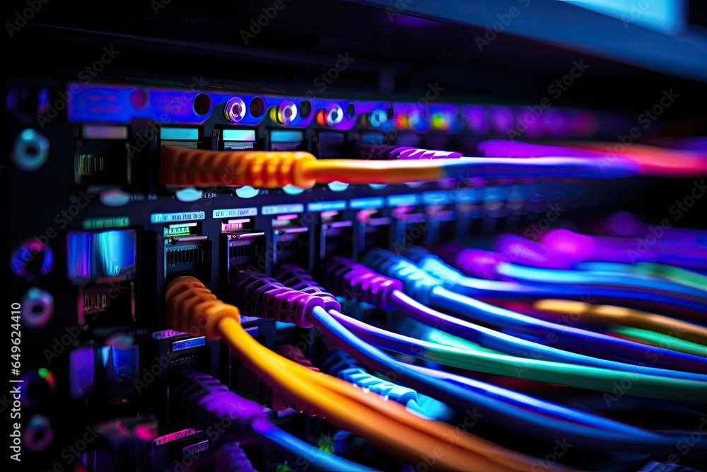Poster close up of network cables connected to servers in a technology data center, close up of network cab