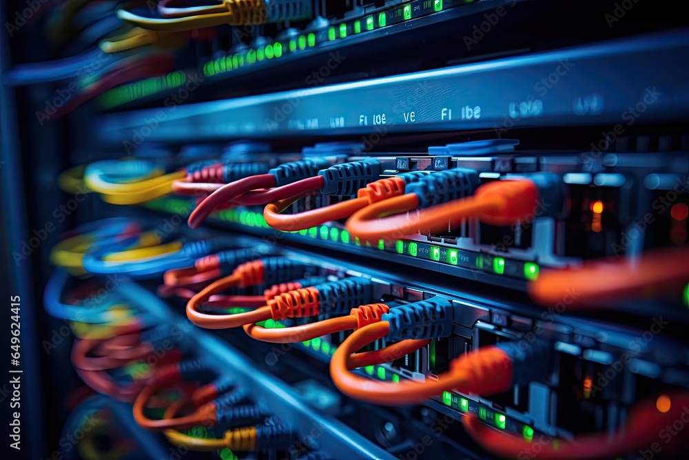 Poster network switch and ethernet cables in data center. 3d rendering, close up of network cables connecte