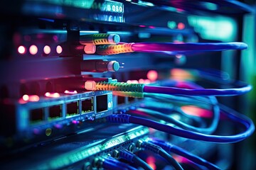 Fiber Optic cables connected to an optic ports in data center, close up of network cables connected to an internet hub, shallow depth of field, AI Generated - obrazy, fototapety, plakaty