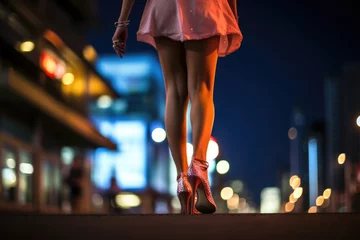 Foto op Aluminium Legs of a young woman in high-heeled shoes in the city at night, Close up photo of beautiful woman's legs in high heels. Night city life, AI Generated © Ifti Digital