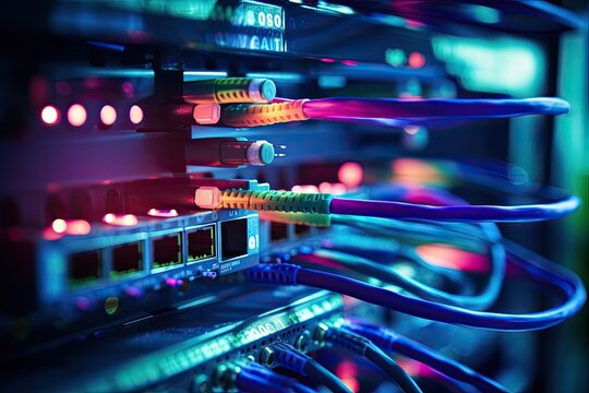 Fiber Optic cables connected to an optic ports in data center, close up of network cables connected to an internet hub, shallow depth of field, AI Generated