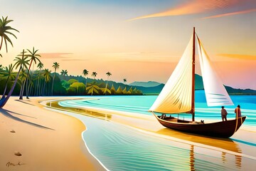 Illustration, reminiscent of Henri Rousseau, traditional paraw sailing boats on Boracay's white beach, vibrant tropical colors, relaxed expressions, dappled sunlight, idyllic atmosphere