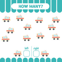 Educational worksheet for kids to learn left and right. Count game. How many ambulances go to the left and to the right..