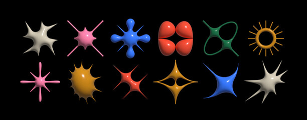 Set of geometric logos space explosion, dazzling flash. Modern bold brutalist objects and shapes of the sun and stars. Colorful minimalistic figures silhouettes. Contemporary design.