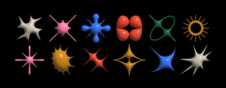 Set of geometric logos space explosion, dazzling flash. Modern bold brutalist objects and shapes of the sun and stars. Colorful minimalistic figures silhouettes. Contemporary design.