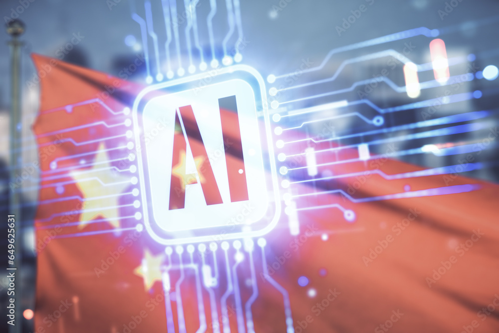 Poster Abstract virtual artificial Intelligence symbol hologram on flag of China and blurry cityscape background. Multiexposure