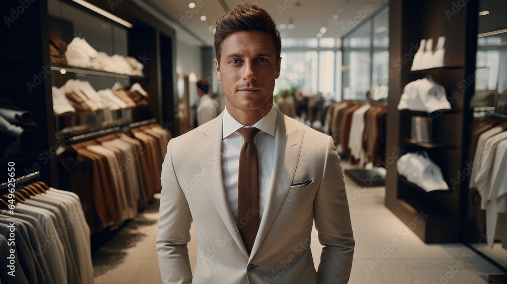 Poster A man in a classic suit stands in the fitting room of a luxury men's boutique.