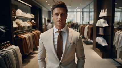 A man in a classic suit stands in the fitting room of a luxury men's boutique.