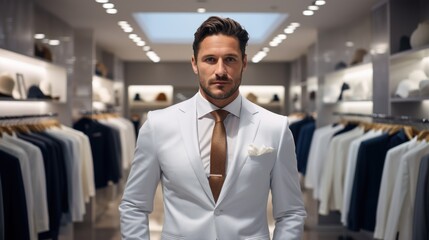 Fototapeta premium A man in a classic suit stands in the fitting room of a luxury men's boutique.
