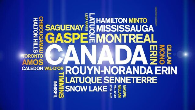 Canada animated tag word cloud;text design animation List of cities towns kinetic typography seamless loop.
