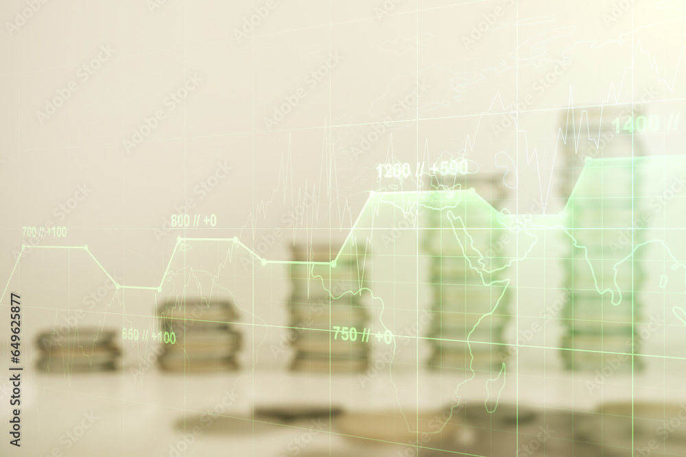 Poster Double exposure of abstract virtual statistics data hologram on growing stacks of coins background, statistics and analytics concept