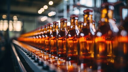 Brown beer glass drinking alcohol bottle, beer conveyor belt, modern production line