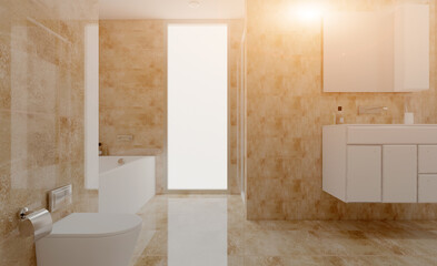 Bathroom interior bathtub. 3D rendering.. Sunset.