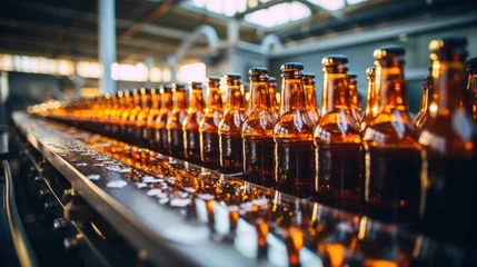 Gordijnen Brown beer glass drinking alcohol bottle, beer conveyor belt, modern production line © sirisakboakaew