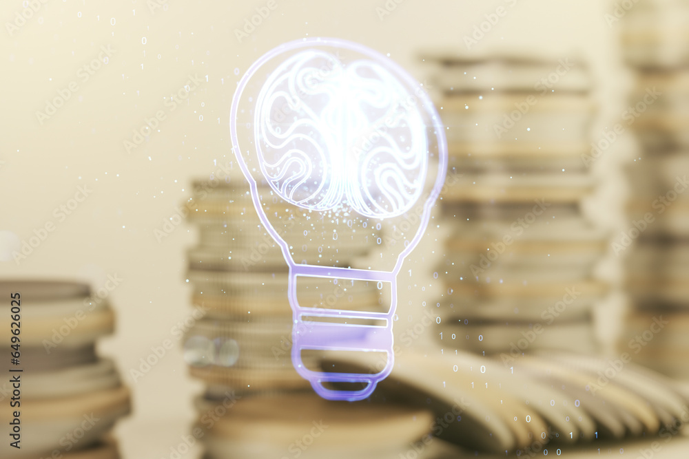 Aufkleber abstract virtual idea concept with light bulb and human brain illustration on stacks of coins backgr