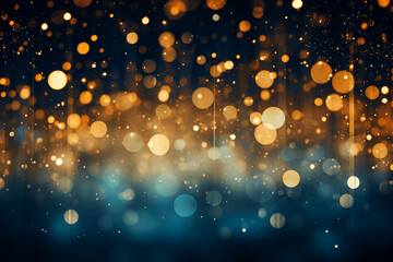 lights and blue background of christmas bauble bokeh effect, in the style of light orange and dark gold. AI generativ.