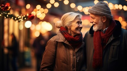 two happy elderly people Men are walking against the backdrop of Christmas lights holding hands on the street and wearing coats.