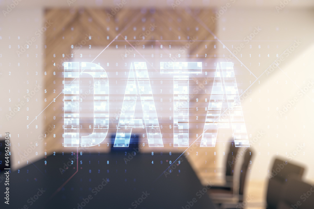 Poster data word hologram on a modern boardroom background, big data and blockchain concept. multiexposure