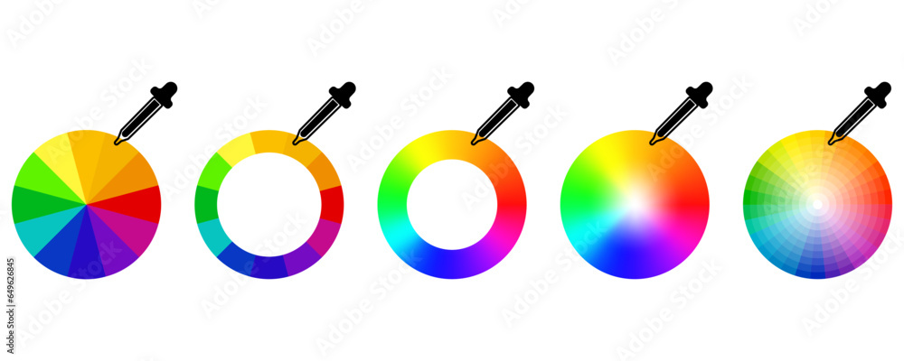 Poster Vector spectrum of colors in the style of a wheel with a pepet. Vector isolated elements. A spectrum of all bright colors. Round palettes. Multicolored circle flat template. Vector illustration of col