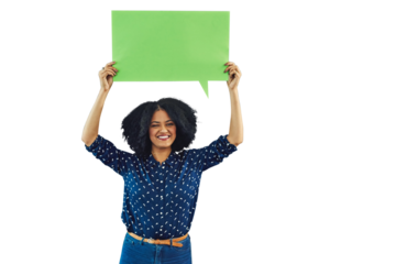 Woman, speech bubble and poster mockup for education, language and translation FAQ in portrait. African person or student voice, chat space and learning or news isolated on transparent png background