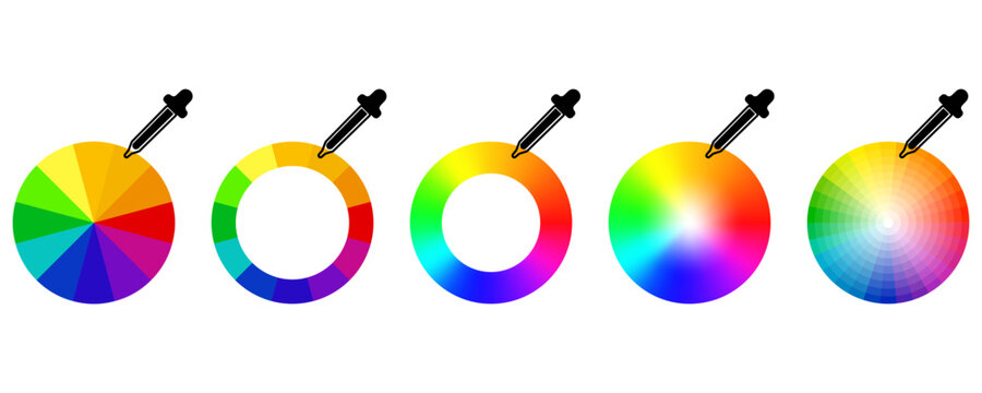 Vector spectrum of colors in the style of a wheel with a pepet. Vector isolated elements. A spectrum of all bright colors. Round palettes. Multicolored circle flat template. Vector illustration of col
