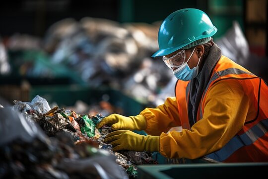 Recycling industry, workers recycle items using macro lens, recycling center