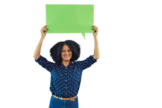Woman, speech bubble and poster mockup for education, language and translation FAQ in portrait. African person or student voice, chat space and learning or news isolated on transparent png background