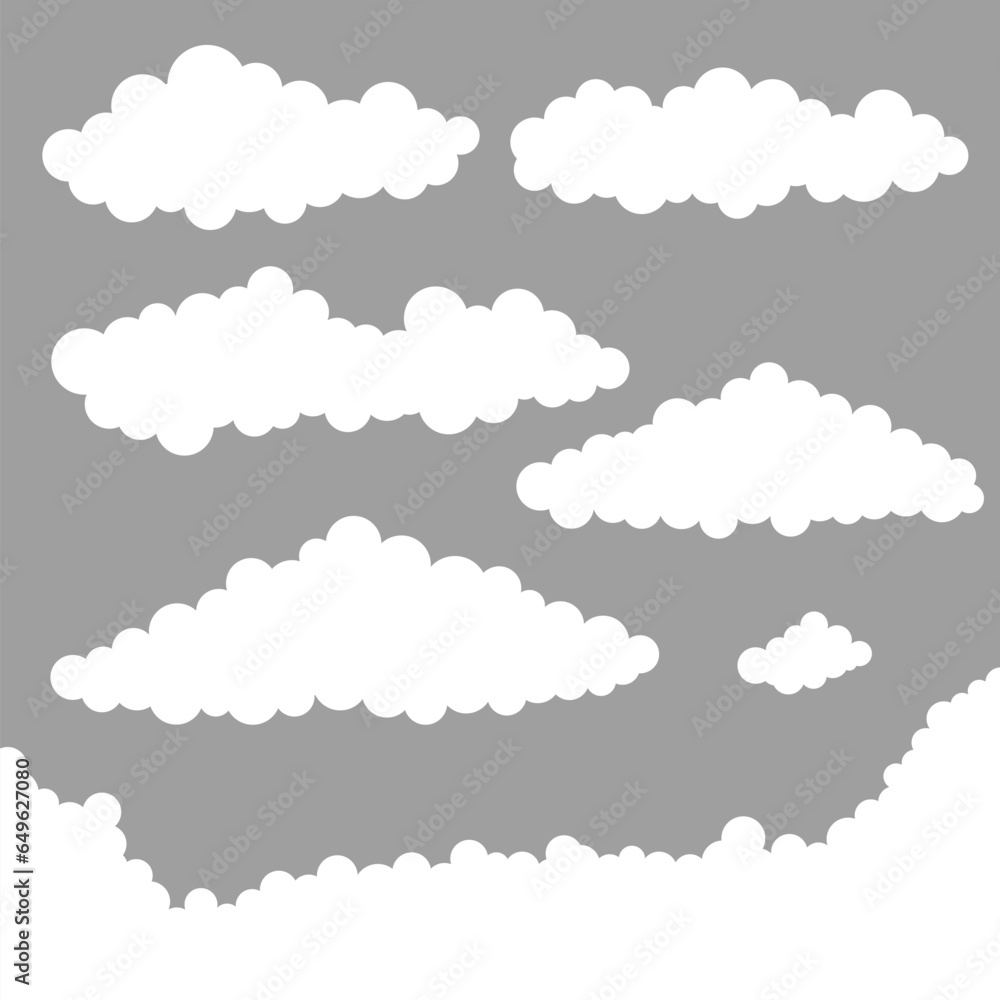 Poster long white cloud sets. flat clouds collection. white cloudy set isolated vector illustration with gr