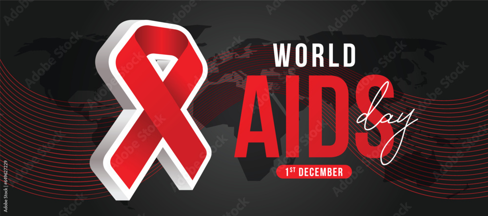 Poster world aids day - text and 3d red ribbon sign on black background with world map and line red blend c