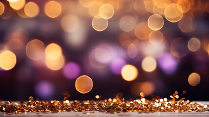 Gold and dark violet Fireworks and bokeh in New Year eve and copy space. Abstract background holiday . AI generative.