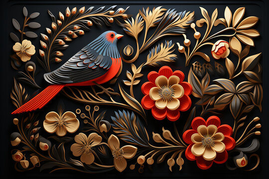 Generative AI - Flower blossom illustration in Russian folk style