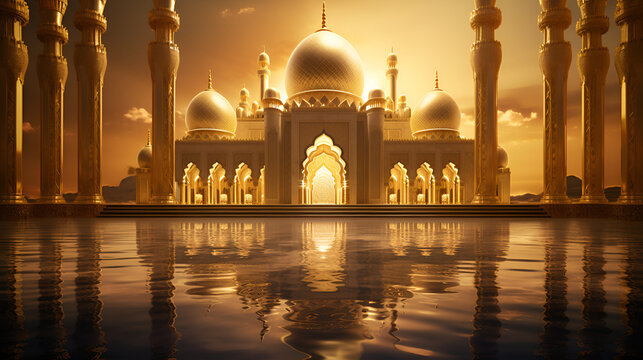 Mosque at Sunset with Majid Reflection in Lake and Golden Lights