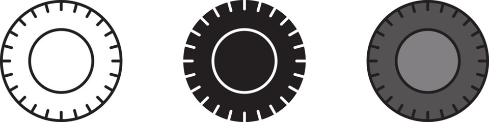 Car tire outline icons collection, automobile tires lined, isolated and colored version. Vector illustration