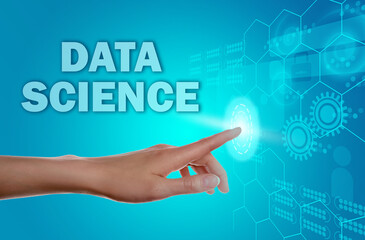 Data science. Woman touching digital screen, closeup