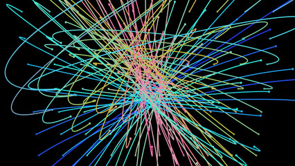 Crossing light beams. Energy flow Laser lines. Neon plexus knots. Curved guide path in space of infinity. Transition matrix energy level. Point deep datasets big deep data. Chaos order background