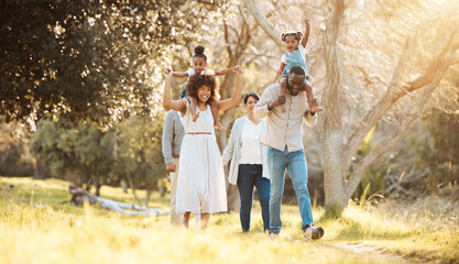 Big family, happy and walking at park together, care and bonding outdoor. Grandparents, kids and...