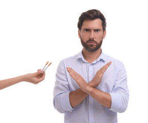Stop smoking concept. Man refusing cigarettes on white background