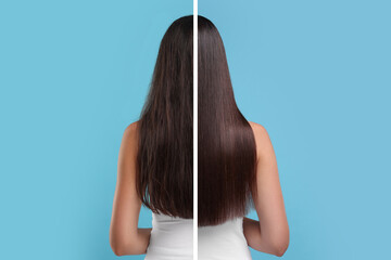 Photo of woman divided into halves before and after hair treatment on light blue background, back view