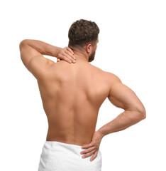 Man suffering from back pain on white background, back view