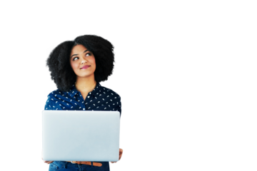 Woman, student thinking and laptop for online education, university choice or college decision. African person research, e learning ideas and goals on computer isolated on transparent png background