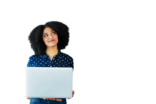 Woman, student thinking and laptop for online education, university choice or college decision. African person research, e learning ideas and goals on computer isolated on transparent png background